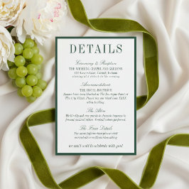Elegant Dark Green Minimalist Wedding Details Informatiekaartje