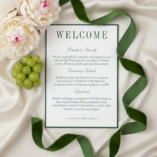 Elegant Dark Green Minimalist Wedding Welcome Programma