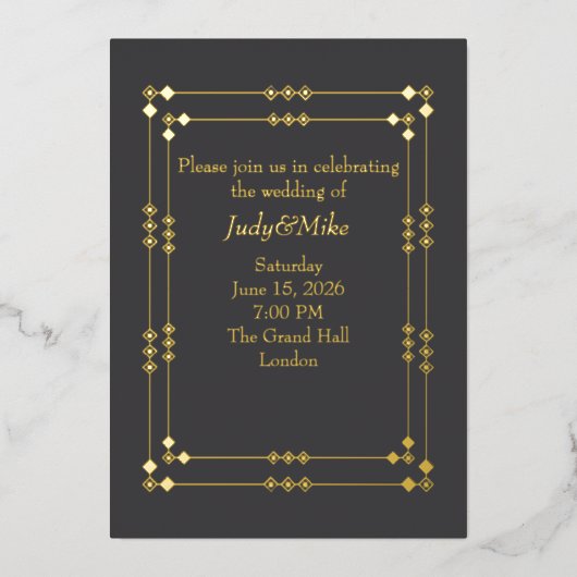 Elegant Dark Grey& Gold Art Deco Foil Invitation (Recto)