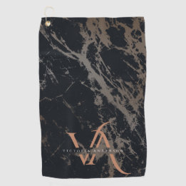 Elegant Dark Marble Roos Gold Monogram Aangepast Golfhanddoek