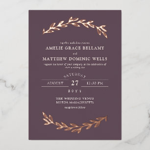 Elegant Dark Mauve & Roos Gold Greenery Wedding Folie Uitnodiging