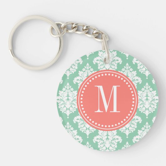 Elegant Dark Mint Damask gepersonaliseerd Sleutelhanger (Voorkant)
