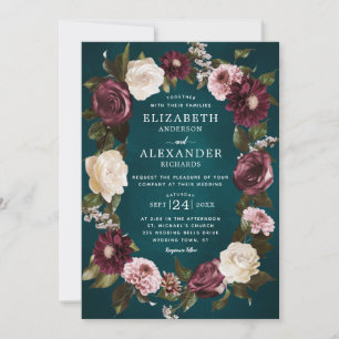 Elegant Dark Moody Bloemen Blauwgroen Bruiloft Kaart