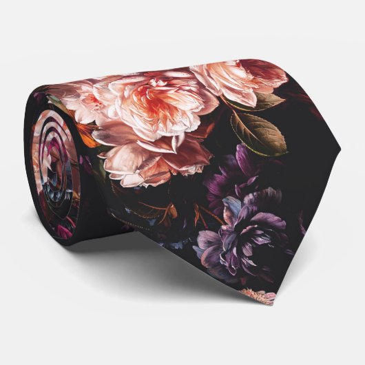 Elegant Dark Moody Bourgondië Floral Stropdas (Opgerold)