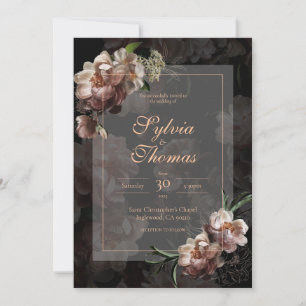 Elegant Dark Moody Roos Gold Floral Wedding Kaart