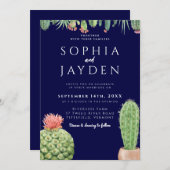 Elegant Dark Navy Blue Cactus Waterverf Wedding Kaart (Voorkant / Achterkant)