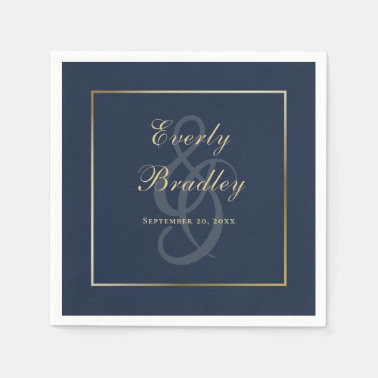 Elegant Dark Navy Blue Gold Border Script Servet (Voorkant)