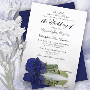 Elegant Dark Navy Blue Roos Formal Wedding Kaart