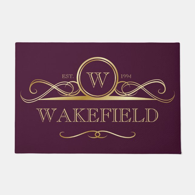 Elegant Dark Plum & Faux Gold  monogram Deurmat (Voorkant)