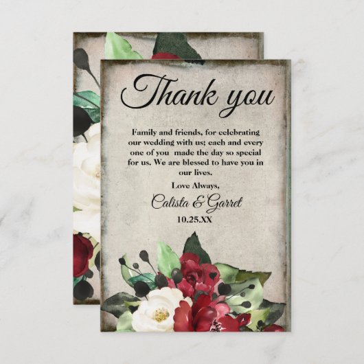 Elegant Dark Red Floral Grunge Grey Gothic Weddens Bedankkaart (Voorkant / Achterkant)