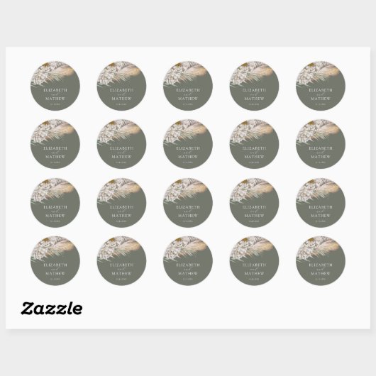 Elegant Dark Sage Pampas Grass Wedding Ronde Sticker (Vel)