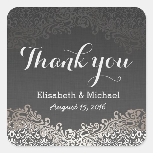 Elegant  Dark Silver Damask - Hartelijk dank Vierkante Sticker (Voorkant)