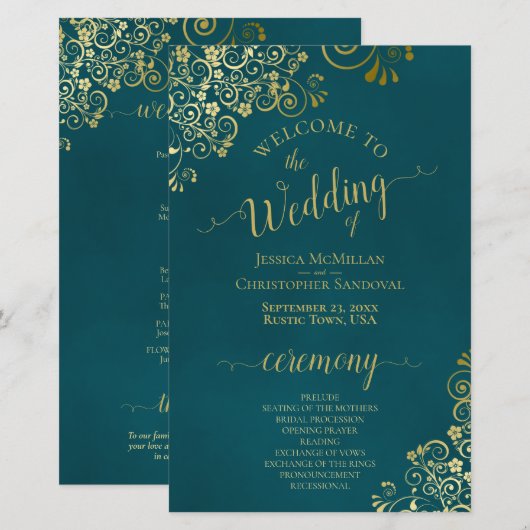Elegant Dark Teal & Gold Budget Wedding Program (Voorkant / Achterkant)