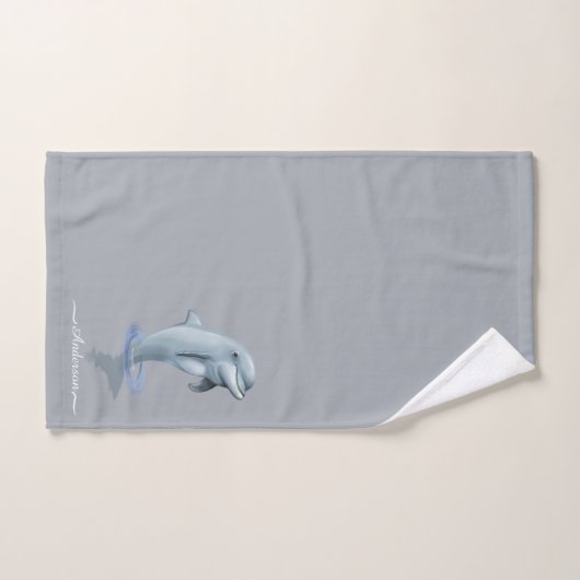 Élégant Dauphin moderne mignon & Script sur gris c (Serviette à main)