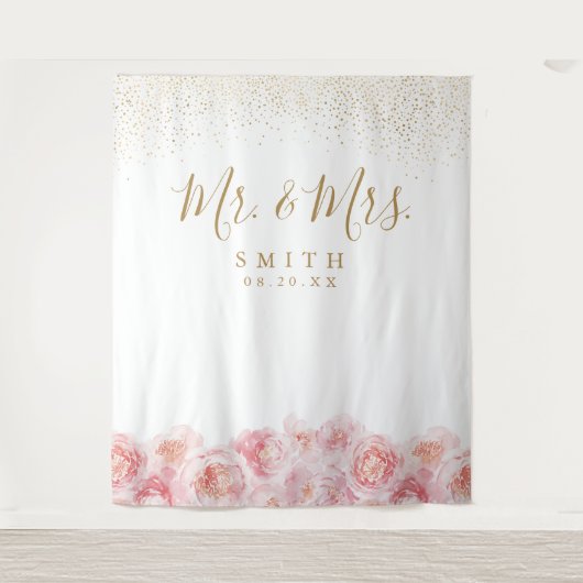 Elegant de heer & Mrs. gold & blush floral bruilof Wandkleed (Voorkant)