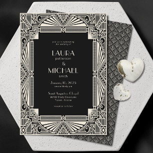 Elegant  Deco Black Ivory Invitation Kaart