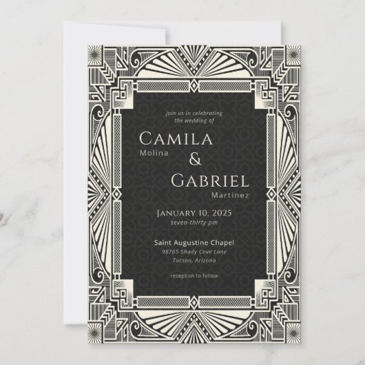 Elegant  Deco Ivory Black Uitnodiging (Voorkant)