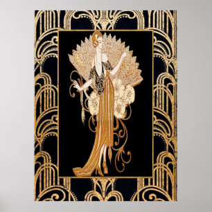Elegant Deco Lady met Fan Poster