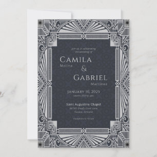 Elegant  Deco Navy Grey Invitation Kaart