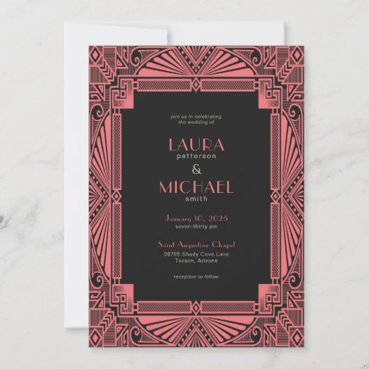 Elegant  Deco Salmon Black Uitnodiging (Voorkant)