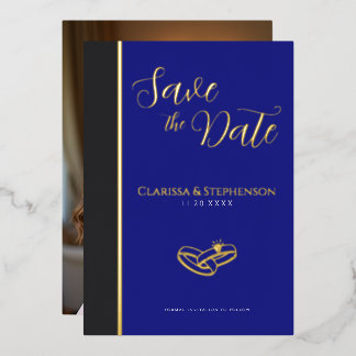 Elegant Deep Blue  Anthracite  Photo Save The Date Folie Uitnodiging