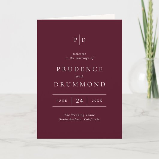 Elegant Deep Burgundy Classic Wedding Programma (Voorkant)