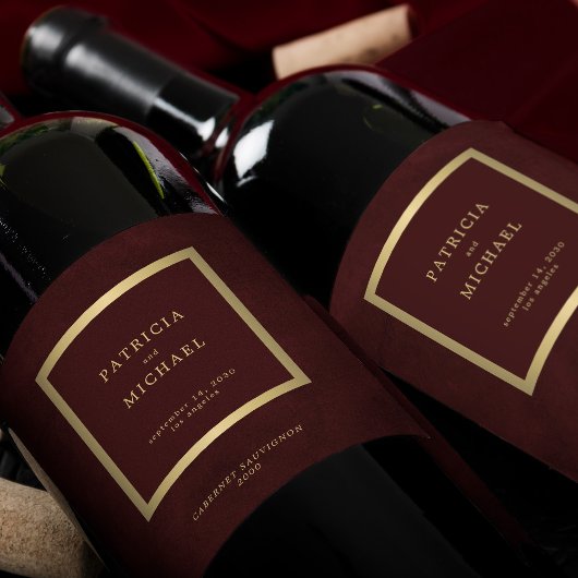 Elegant deep burgundy gold wedding personalized wijn etiket