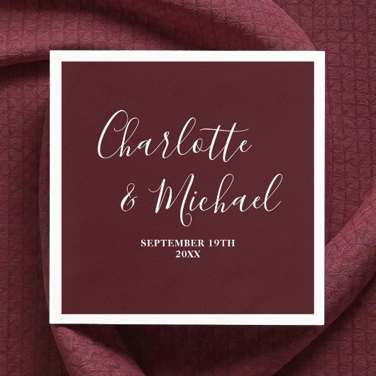 Elegant Deep Burgundy Script Minimalist Wedding Servet