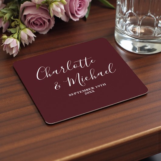 Elegant Deep Burgundy Script Minimalist Wedding Vierkante Kartonnen Onderzetter