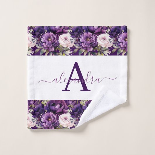 Elegant Deep Purple Floral Towel Set (Gant de toilette)