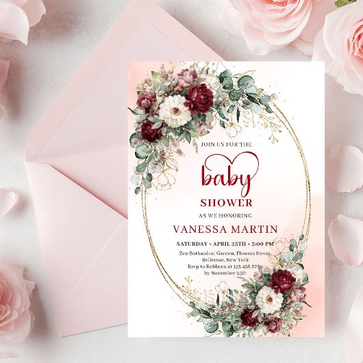 Elegant Deep Red Eucalyptus Baby Shower Invitation Kaart