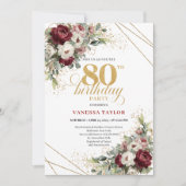 Elegant Deep Red Floral 80th Birthday Invitation (Devant)