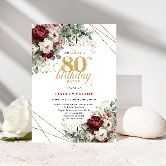 Elegant Deep Red Floral 80th Birthday Invitation
