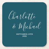 Elegant Deep Teal Script Minimalist Wedding Vierkante Kartonnen Onderzetter (Voorkant)