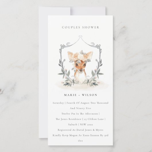 Elegant Deer Floral Crest Couples Shower Invite Bedankkaart (Voorkant)