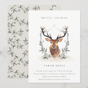 Elegant Deer Floral Crest Vrijgezellenfeest Invite Bedankkaart