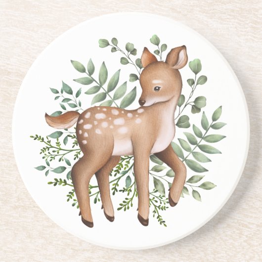 Elegant Deer Forest Woodland Greenery Leaves Zandsteen Onderzetter (Voorkant)