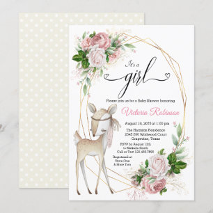 Elegant Deer Girl Woodland Baby shower Kaart
