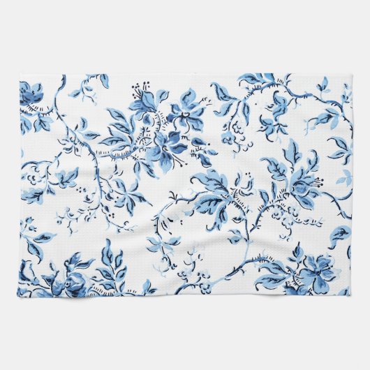 Elegant Delft Blue en White Floral Theedoek (Horizontaal)