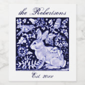 Elegant Delft Navy Blue Bunny Rabbit Birds Custom Wijn Etiket (Enkel label)