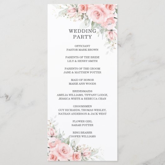 Elegant Delicate Blush Pink Bloemen Bruiloft Progr Programma (Achterkant)