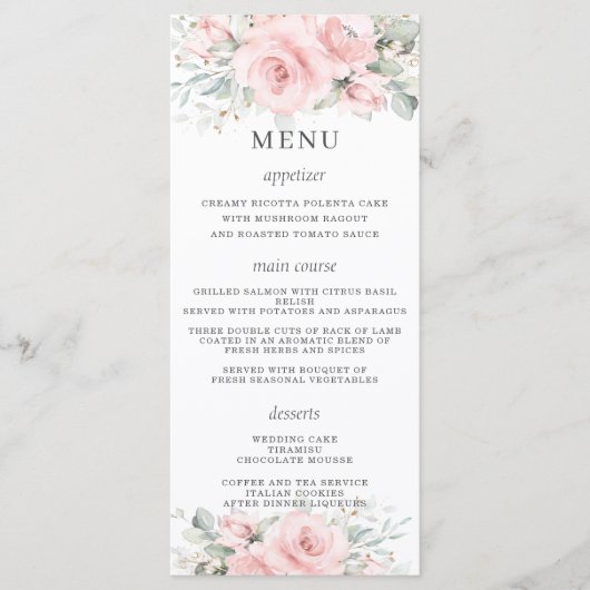 Elegant Delicate Blush Roze Bloemen Bruiloft Menu (Voorkant)