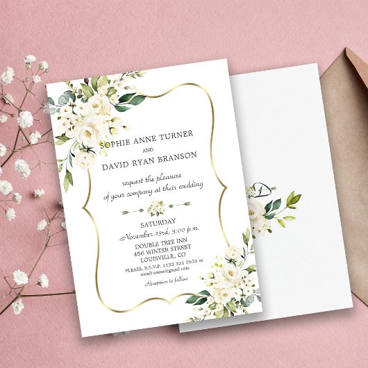 Elegant Delicate White Flowers Gold Lijst Weddensc Kaart