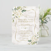 Elegant Delicate White Flowers Gold Marble Wedding Kaart (Staand voorkant)