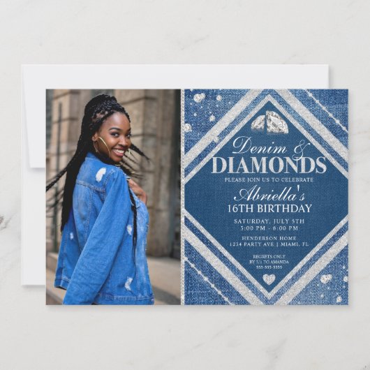 Elegant Denim en Diamonds Photo Invitation Kaart (Voorkant)