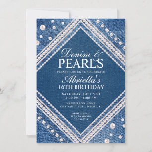Elegant Denim en Pearls Invitation Kaart