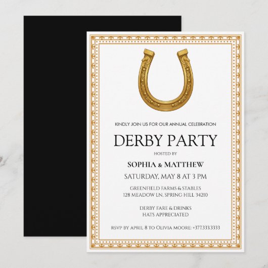 Elegant Derby Party Invitation with Gold Horseshoe (Devant / Derrière)