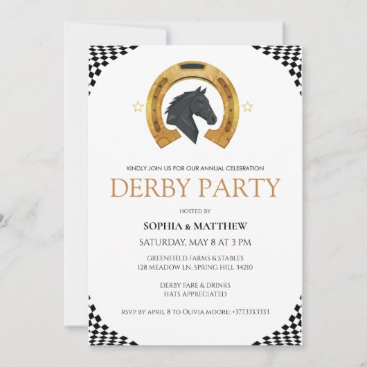 Elegant Derby Party Invitation with Gold Horseshoe (Devant)