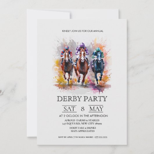 Elegant Derby Party Invitation with Horse Racing I Kaart (Voorkant)