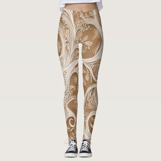 Elégant design blanc complexe sur les Leggings Tan (Devant)
